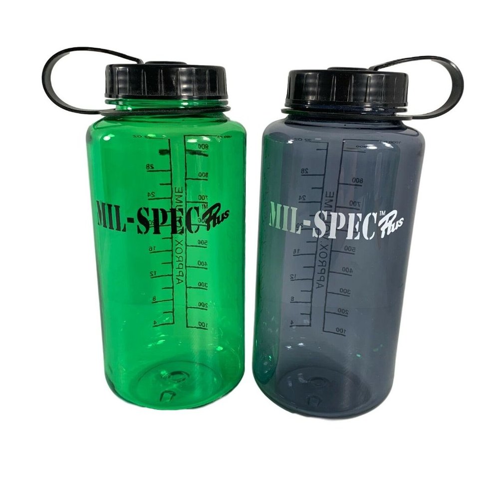 Mil-Spec Plus Lot of 2 Wide Mouth 32 Oz Green Gray Water Bottles Sports Camping